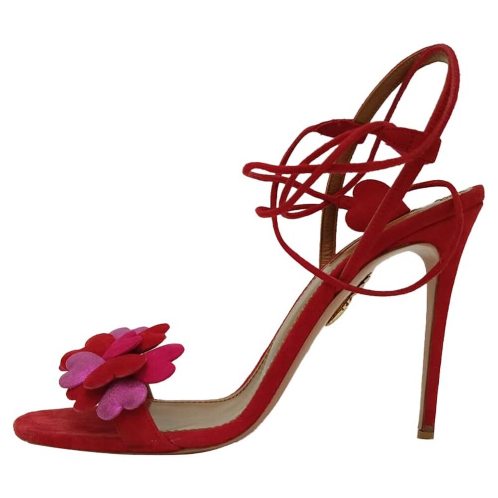 Aquazzura Happy Hearts Strappy Sandals in Red Suede - Picture 4 of 12